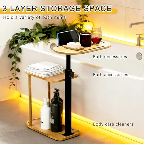 3-Tier Freestanding Bathtub Tray Table, Bamboo Swivel Bathtub Side Table with Height Adjustable Design, Standing Bath Tray for Tub Against Wall, Bathroom Organizer for Luxury Home Spa (Natural) - color: Natural