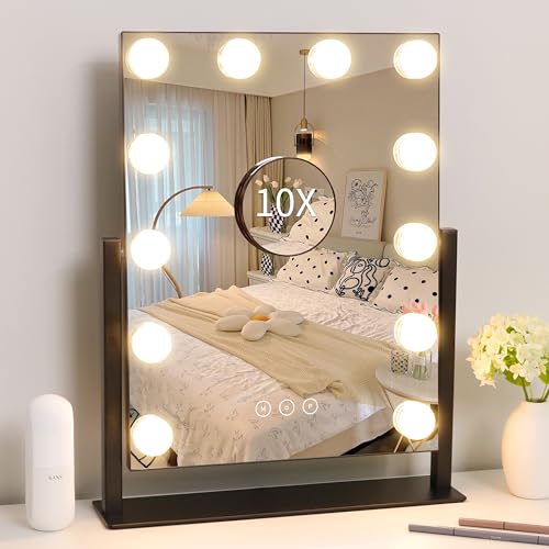Vanity Mirror with Lights,Lighted Vanity Mirror with 12 Dimmable Bulbs for Dressing Room & Bedroom,3 Color Lighting,Modes Detachable 10x Magnification 360°Ratation - color: Black, size: 16.8"L x 13.3"W