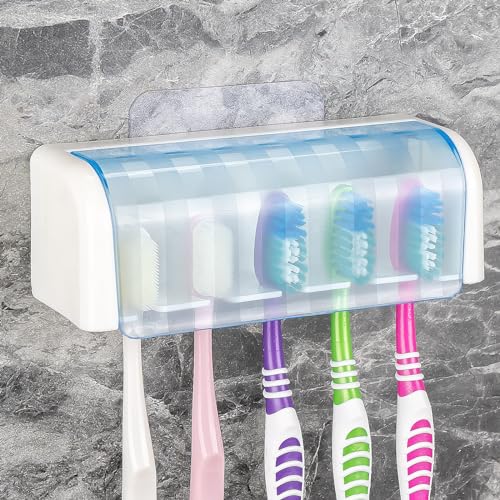 5 Slots Wall Mount Toothbrush Holder with Cover, Self Adhesive Toothbrush Storage Organizer for Shower, Toothbrush Hanger for Bathroom, Medicine Cabinet, Dorm(White + Blue) - color: White + Blue 1pack