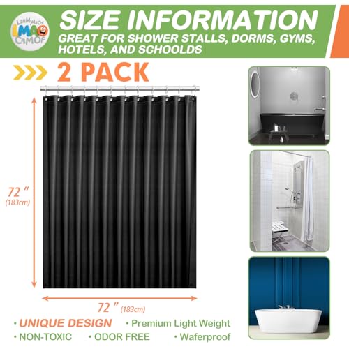 2 Pack | Black Plastic Shower Curtain Or Liner, 72x72 Inch Lightweight Plastic Bathroom Shower Showroom Inner Curtain with Rustproof Metal Grommet Holes and Weighted Magnets - color: Black