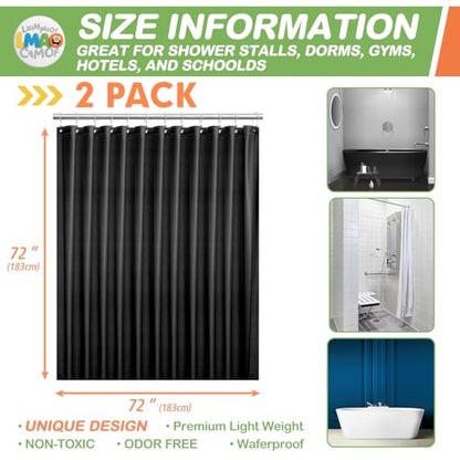 2 Pack | Black Plastic Shower Curtain Or Liner, 72x72 Inch Lightweight Plastic Bathroom Shower Showroom Inner Curtain with Rustproof Metal Grommet Holes and Weighted Magnets - color: Black