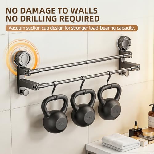 Adjustable Suction Cup Towel Bar, Grey, 20-34", 2-Tier | Extendable Carbon Steel Towel Racks, Space Saving, Bath Towel Holder with Hooks, No-Drill Mounted, For Bathroom Wall