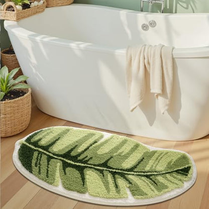 LUMI Cute Bathroom Rug Green Leaf, Absorbent Non Slip Bath Mat, 19.5"x39.5" | Palm Leaf Plant, Soft Plush Microfiber, Quick Dry, Washable for Shower Floor, Bathroom, Sink Bathtub, Bedroom, Kids Room - color: Ample Palm Leaf