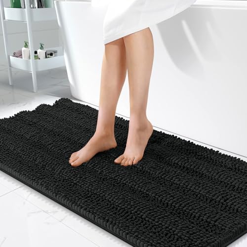 OLANLY Thick Bathroom Runner Rugs 47x24, Soft Chenille Bath Rugs, Black | Absorbent Striped, Rubber Backing, Machine Wash, Long Bath Mats for Bathroom Floor, Tub and Shower, Home Decor Accessories - color: Black, size: 47" X 24"