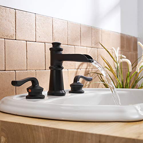 BWE Widespread Bathroom Faucet 3 Holes Matte Black with Pop Up Drain Assembly and Supply Hose Waterfall Black Two-Handle 8-16 inch Bathroom Faucet Lavatory Basin Mixer Tap - color: Black