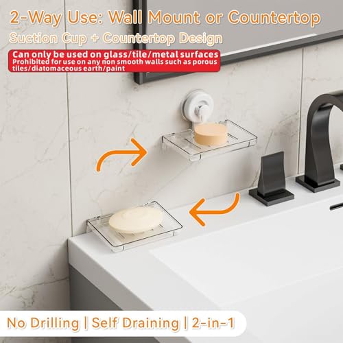 SUOXING 2 Pcs Soap Dish Holder for Shower Suction Cup Wall Mounted Self Draining NO-Drilling Removable Sponge & Bar Soap Holder,Shower Soap Rack & Shelf for Bathroom Bathtub Kitchen Sink,Plastic,Clear - color: Clear