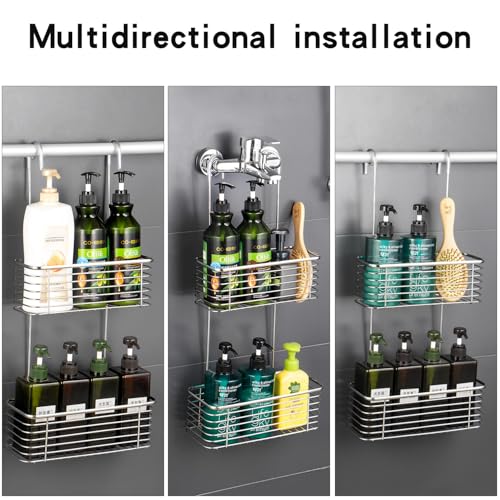 YQh Stainless steel double-layer shower rack, shower room hanging bathroom organizer, storage rack installed on the hanging bar or door, can store shampoo, hair conditioner, shower gel (double) - size: double layer shelf