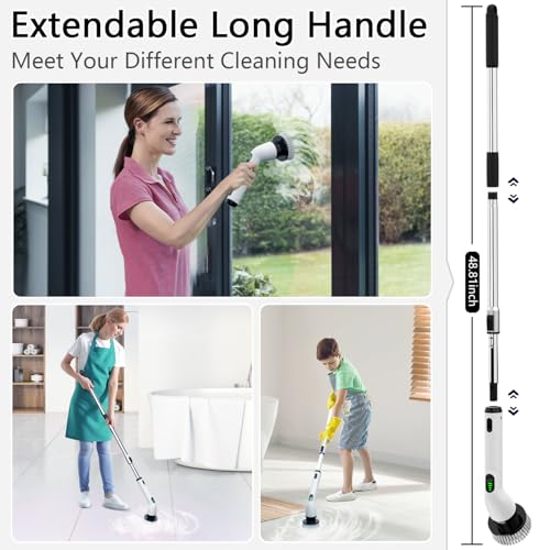 Electric Spin Scrubber, Full-Body IPX7 Waterproof Bathroom Scrubber,4 Replacement Head for Adjustable Extension Handle Electric Cleaning Brush for Bathroom, Tub, Tile