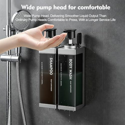 Wall Mounted Lockable Shampoo and Conditioner Dispenser | 17oz Large Pump Head No Drill Refillable ABS Plastic Bottle For Bathroom Shower Commercial Use Silver 2 Pack - color: Silver, size: 2