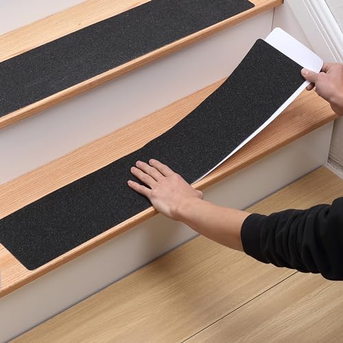 MBIGM Outdoor Non-Slip Stair Grip Tape, 12 Pack, 6" x 30", Black | PET/PVC stair tape with mineral-grit surface and adhesive backing adds traction to outdoor steps, decks and entryways - size: Black 6" x 30"