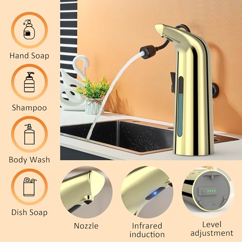 Automatic Liquid Soap Dispenser, 4-Level,Rechargeable | Plastic,13.5oz/400ml Gold Touchless Electric Hand & Dish Countertop Soap Dispensers with Sensor for Bathroom,Kitchen Sink - color: Gold, style: Rechargeable