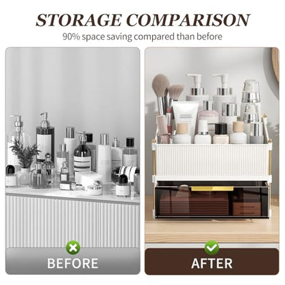 INVSSENE Stackable Makeup Organizer Countertop, Storage Perfume Skincare Cosmetic Lipstick Face Mask Makeup Brush Palettes, Ideal for Vanity Bathroom Counter - color: 3514 White+Coffee