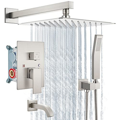 Aolemi Shower Faucet Set with Tub Filler Handheld 10" Head Brushed Nickel | Shower Valve and Trim Kit,Handheld Spray,Tub Spout,Single Handle,SUS304,Bathroom Mixer for Remodeling - color: Nickel, size: 10 Inch Shower Head