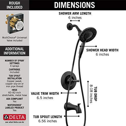 Delta Arvo 14 Series Matte Black Bathtub Shower Faucet Set with In2ition 2-in-1 Dual Shower Head with Handheld Spray Combo, Valve Trim Kit, Matte Black 144840-BL-I (Valve Included) - color: Matte Black