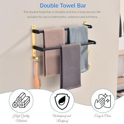 18 Inch Stainless Steel Towel Rack with Hooks - 2-Tiers Ladder Towel Hanger, Double Bar Wall Mounted for Bathroom, Black & Gold - color: Black & Gold, size: 18-Inch