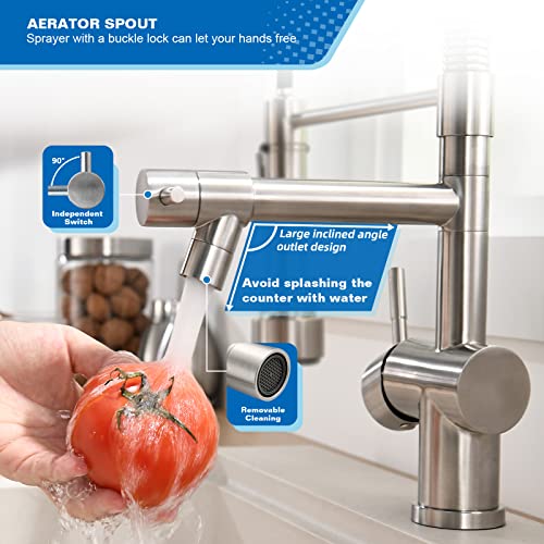 VFAUOSIT Commercial Kitchen Faucet with Pull Down Sprayer, Brushed Nickel | Dual Outlets, Tilted Pot Filler, 360° Rotation, cUPC/CEC Certified, Fingerprint-Resistant Finish, 500,000-Cycle Valve - color: Brushed Nickel-02