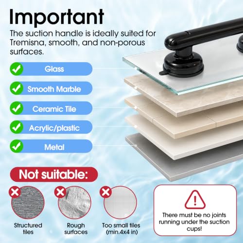 1x Grab Bars for Bathtubs and Showers for Seniors Elderly, Waterproof,2nd Generation Upgraded Rubber Suction Cup with Maximum 350 lbs Suction Power, No Drilling (Black)