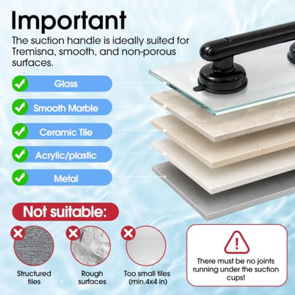 1x Grab Bars for Bathtubs and Showers for Seniors Elderly, Waterproof,2nd Generation Upgraded Rubber Suction Cup with Maximum 350 lbs Suction Power, No Drilling (Black)