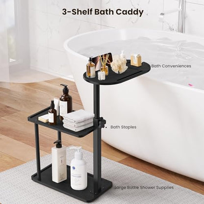 Bathtub Tray Table, Freestanding Bath Side Table Tub Tray Caddy | 3 Layer Bamboo Bath Board Shelf, Bathtub & Bathroom Accessories, New Home Gift for Mom, Housewarming, Anniversary, Wedding - color: Black