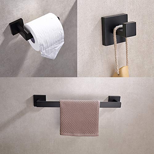TASTOS 3-Piece Bathroom Hardware Set Matte Black Wall Mounted Bathroom Accessory Set, Premium Stainless Steel Robe Hook Toilet Paper Holder 16-Inch Towel Bar (Black) - color: Matte Black