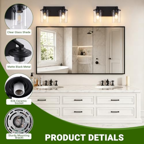 2-Light Black Bathroom Vanity Light, Modern Bathroom Lighting Fixtures with Clear Glass Shade, Bathroom Wall Mounted Lamps for Mirror, Living Room, Bedroom, E26 Socket - size: 2-Light