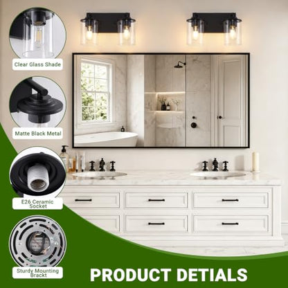 2-Light Black Bathroom Vanity Light, Modern Bathroom Lighting Fixtures with Clear Glass Shade, Bathroom Wall Mounted Lamps for Mirror, Living Room, Bedroom, E26 Socket - size: 2-Light