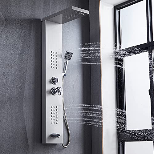 DELAVIN Stainless Steel Shower Panel Tower System, Wall-Mount Shower Panel | Rainfall Waterfall Shower Head, Massage Jets, Tub Spout, Handheld Shower, for Renovation, New Builds, Rentals & Contractors - color: Brushed Nickel-A