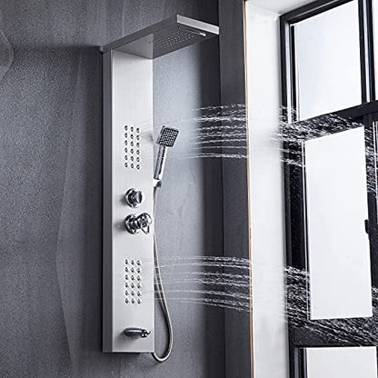 DELAVIN Stainless Steel Shower Panel Tower System, Wall-Mount Shower Panel | Rainfall Waterfall Shower Head, Massage Jets, Tub Spout, Handheld Shower, for Renovation, New Builds, Rentals & Contractors - color: Brushed Nickel-A