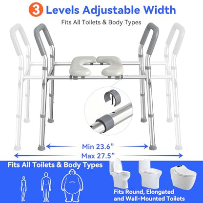 Raised Toilet Seat with Handles, Safety Toilet Stand Up Assist Frame | Adjustable Height & Width, Fits Round & Elongated Toilets, 350 LB Capacity, for Seniors, Handicap, Easy Install & Clean