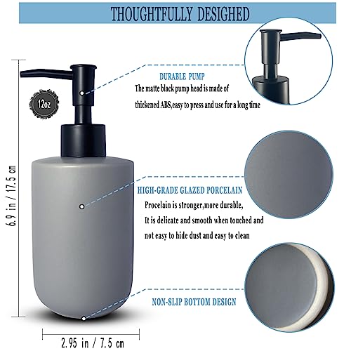Gray Soap Dispenser with Matte Black Pump for Bathroom,Cylindrical Lotion Dispenser,12oz Ceramic Relief Hand Dish Soap Dispenser,Refillable Liquid Dispenser for Kitchen (Relief Gray) - color: Relief Gray