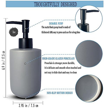 Gray Soap Dispenser with Matte Black Pump for Bathroom,Cylindrical Lotion Dispenser,12oz Ceramic Relief Hand Dish Soap Dispenser,Refillable Liquid Dispenser for Kitchen (Relief Gray) - color: Relief Gray