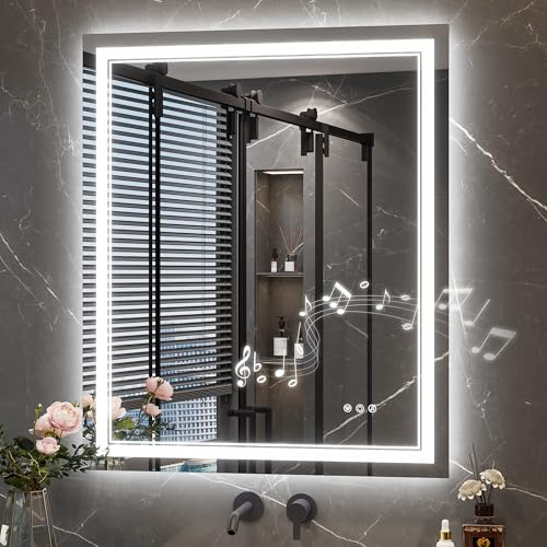 Keonjinn 30 x 36 Inch LED Bathroom Mirror with Lights, Frontlit & Backlit | Bluetooth Speaker, Bluetooth Mirror Bathroom, HD Tempered Glass, 3000K/4500K/6000K, Dimmable, Fast & Safe Defogging, CRI90+ - size: 36"L x 30"W