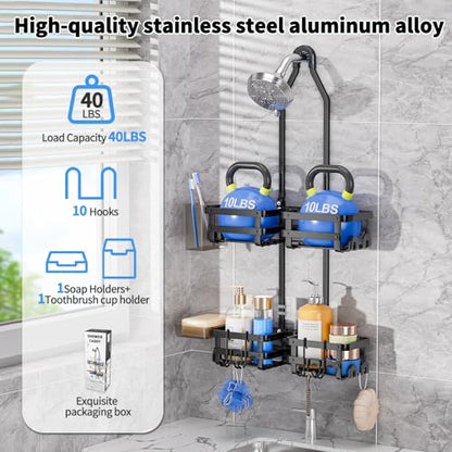 Aluminum Shower Caddy Hanging, Never Rust Shower Organizer | 4 Levels with adjustable Height 10 Hooks for Razor/Sponge - Rack with Soap Basket (Black-1) - color: Black-1
