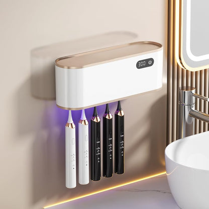 UV Toothbrush Sanitizer Holder for 4 | Wall Mounted Toothbrush Holder for Bathroom with Fan Drying | USB Rechargeable Toothbrush Cleaner & Sterilizer, No Drill Install, Modern Design (White) - color: White