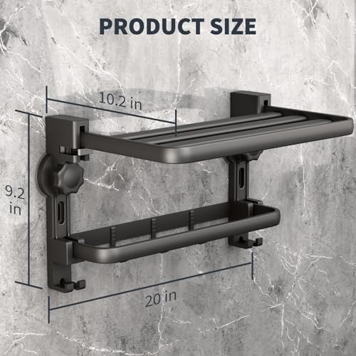Towel Rack with Towel Bar Holder Suction Cup Foldable Towel Shelf No Drill with 7 Hooks Rustproof Towel Storage Wall Mount for Bathroom Lavatory Matte Blackish Gray20 Inch