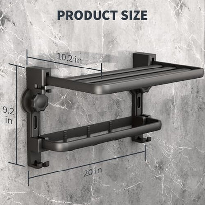 Towel Rack with Towel Bar Holder Suction Cup Foldable Towel Shelf No Drill with 7 Hooks Rustproof Towel Storage Wall Mount for Bathroom Lavatory Matte Blackish Gray20 Inch