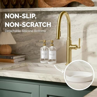 Vine Creations Clear Glass Soap Dispenser, 2 Pack Kitchen Soap Dispenser Set with Stainless Steel Pump, 16 oz Dish Soap and Hand Soap Dispensers for Bathroom with Waterproof Labels - color: Clear Bottle / Brushed Brass Pump