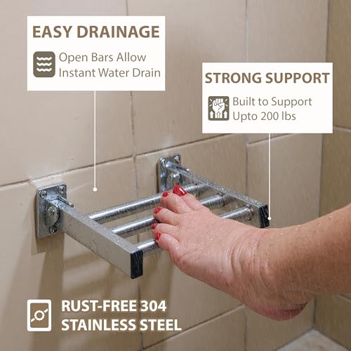 Shower Foot Rest and Shaving Pedestal - Wall Mount Folding Shower Ledge/Elevate Foot for Comfort/Safely Shave Legs and Wash Feet/Supports 200 lbs/ 304 Stainless/Brushed Finish/ 9”x 8” - color: Stainless Steel