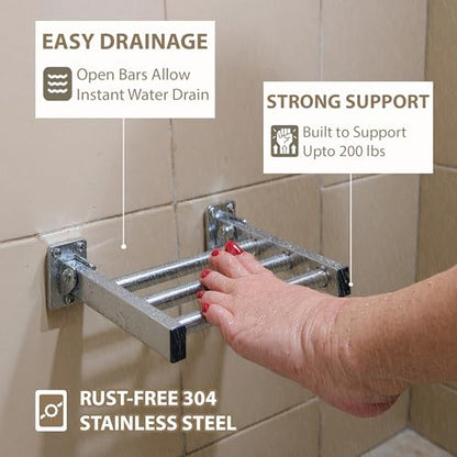 Shower Foot Rest and Shaving Pedestal - Wall Mount Folding Shower Ledge/Elevate Foot for Comfort/Safely Shave Legs and Wash Feet/Supports 200 lbs/ 304 Stainless/Brushed Finish/ 9”x 8” - color: Stainless Steel