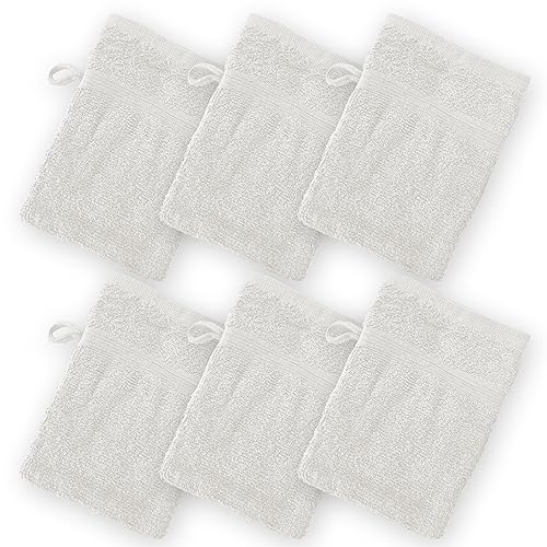 High Rise Stripe 6 Pack 6 x 8.5 Wash Mitt Set, Low Twist, Highly Absorbent, Gentle Hand and Face Cloth, European Style with Loop, White - color: White