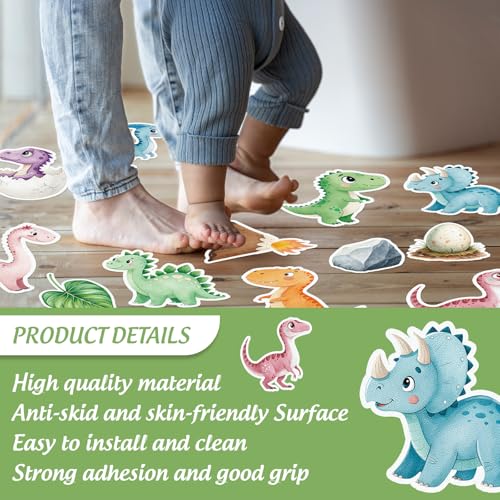 Whaline 30 Pcs Non Slip Bathtub Sticker Dinosaur Bathroom Anti Slip Shower Tread with Scraper Adhesive Bath Tub Decals for Kids Shower Floor Decor