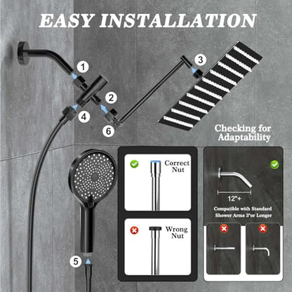 12 Inch Shower Head, Rain Shower Head with Adustable Extension Arm, Detachable Matte Black Rina Shower Head with Handheld Spray, High Pressure Shower Hose with Holder in Bathroom(Black) - color: Black, size: 12 Inch - Standard