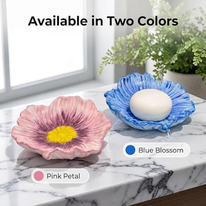 Self Draining Ceramic Soap Dish, Flower Shaped Soap Holder for Bathroom with Stable Base, for Kitchen Countertop, Bathroom Sink, Shower, Keeps Soap Dry, Decorative Soap Holder (Flower-Blue)