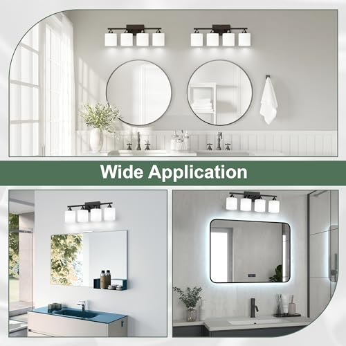Black Bathroom Lighting Fixtures Over Mirror, 4-Light Anti-Rust Vanity Light for Bathroom, 24Inches Modern Wall Sconce, Standard E26 Base, Milky White Glass Shades, Bulbs Not Included - color: Black-4Light