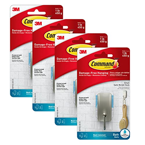 Command BATH33-SN-ES Bath Hooks, Satin Nickel, 4 Count - color: Satin Nickel, size: 4 Pack