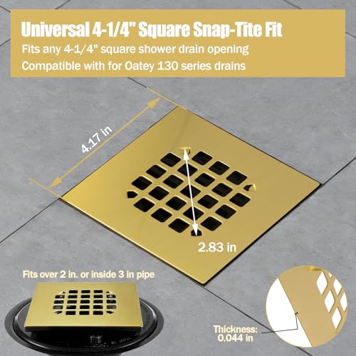 42361 Shower Drain Cover for Oatey 130 Series, 4-1/4" Brushed Gold | Snap-In Square Shower Drain Strainer Helps Prevent Hair Clogs, Improves Drainage & Refreshes Bathroom Floor Drain Appearance