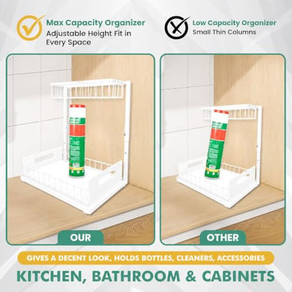Height Adjustable 2-Tier Under Sink Organizer with 3 Hooks – Kitchen Sink Cabinet Storage Rack, Expandable Sink Caddy for Kitchen, Bathroom & Pantry (White) - color: White