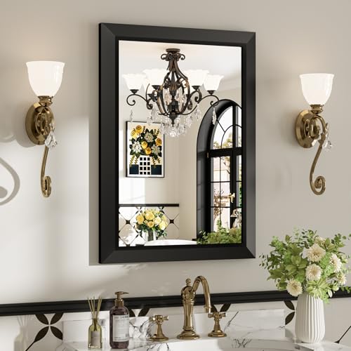 20x28 Inch Black Bathroom Mirror for Wall, Beveled Framed Rectangle Bathroom Vanity Mirrors for Over Sink, Bedroom, Living Room, Entryway, Anti-Rust, HD Tempered Glass, Horizontally/Vertically - size: 20"L x 28"W