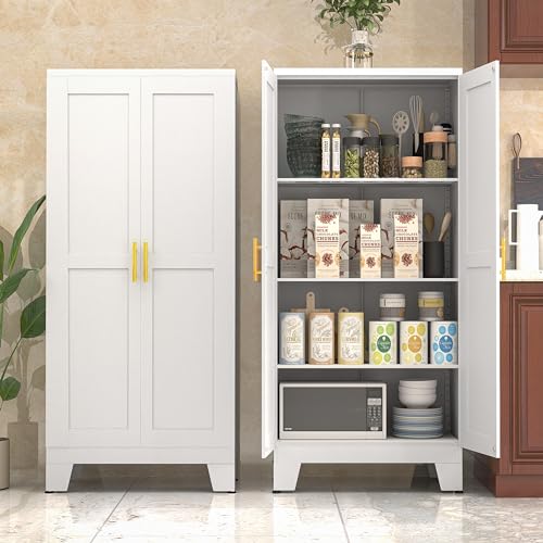 PAOFIN White Metal Kitchen Storage Cabinet, Kitchen Pantry Storage Cabinet with Doors and Shelves, Storage Cabinet with Adjustable Leveling Foot for Kitchen, Living Room and Dining Room. 61" H - color: White, size: 61"-3 Adjustable shelves