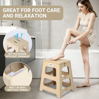 Foldable Bath Shower Safety Chair Seat, 17.7" High Anti-Slip Bench Bath tub Stool for Elderly or Seniors (Beige) - color: Beige